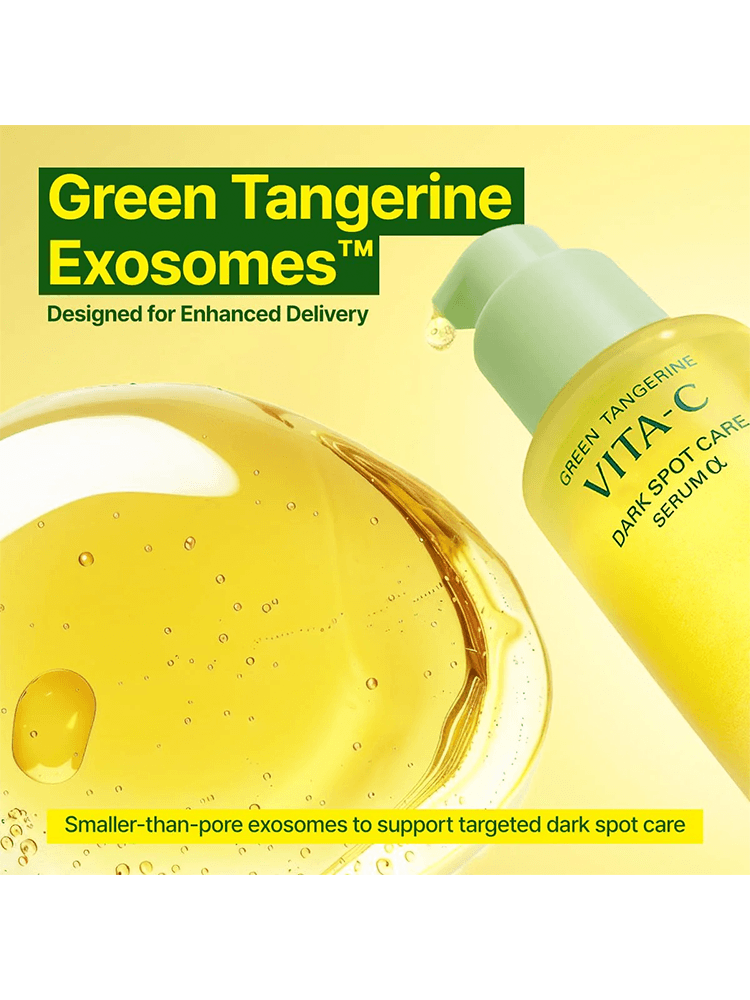 GOODAL Green Tangerine Vita C Dark Spot Care Serum Alpha in a bottle with yellow serum for dark spot treatment.