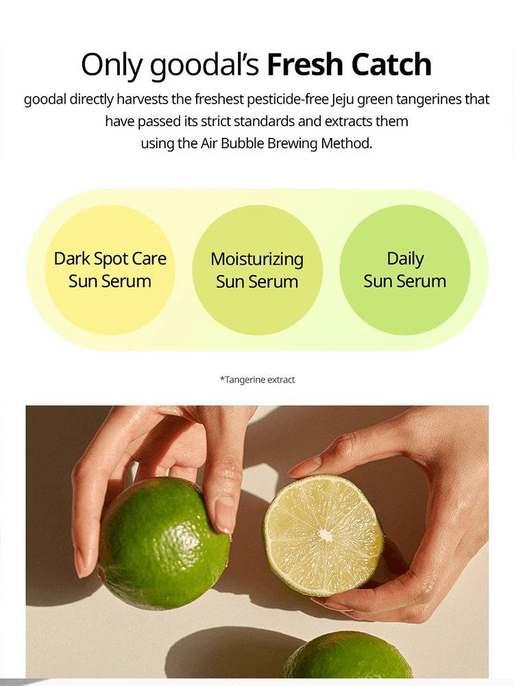 GOODAL Green Tangerine Vita C Dark Spot Care Sun Serum with fresh Jeju tangerines and product benefits highlighted.