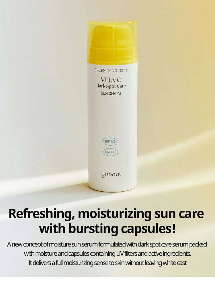 GOODAL Green Tangerine Vita C Dark Spot Care Sun Serum 50ml with yellow cap for UV protection and moisturizing benefits.