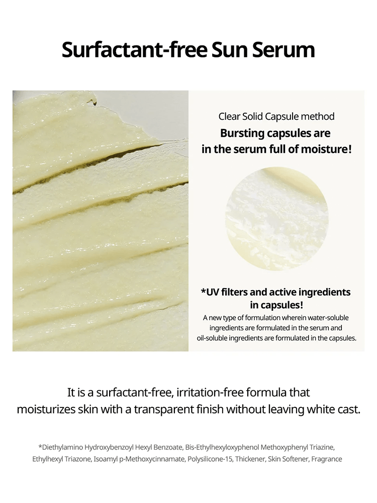 GOODAL Green Tangerine Vita C Dark Spot Care Sun Serum showing surfactant-free formula with transparent finish.