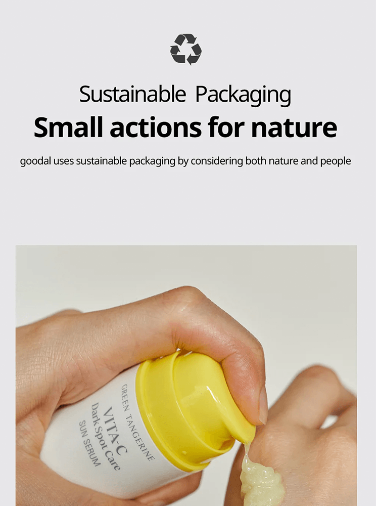 GOODAL Green Tangerine Vita C Dark Spot Care Sun Serum in sustainable packaging, emphasizing eco-friendly practices.