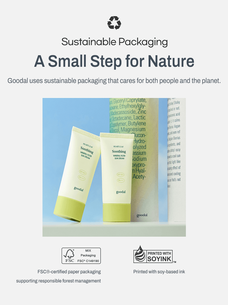 GOODAL Heartleaf Calming Mineral Filter Sun Cream displayed in sustainable packaging promoting eco-friendly practices.