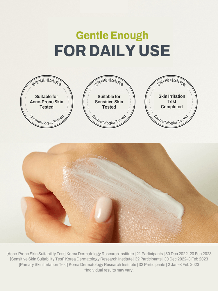 GOODAL Heartleaf Calming Mineral Filter Sun Cream application on skin, showcasing suitability for daily use and dermatological tests.