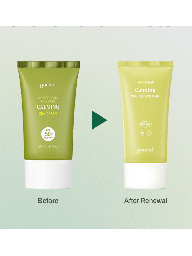 Before and after image of GOODAL Houttuynia Cordata Calming Moisture Sun Cream 50ml packaging.