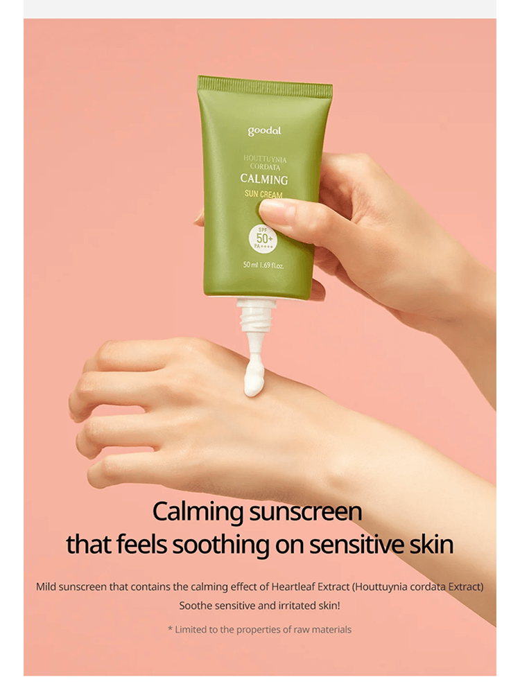 GOODAL Houttuynia Cordata Calming Moisture Sun Cream being applied to skin for soothing sun protection.
