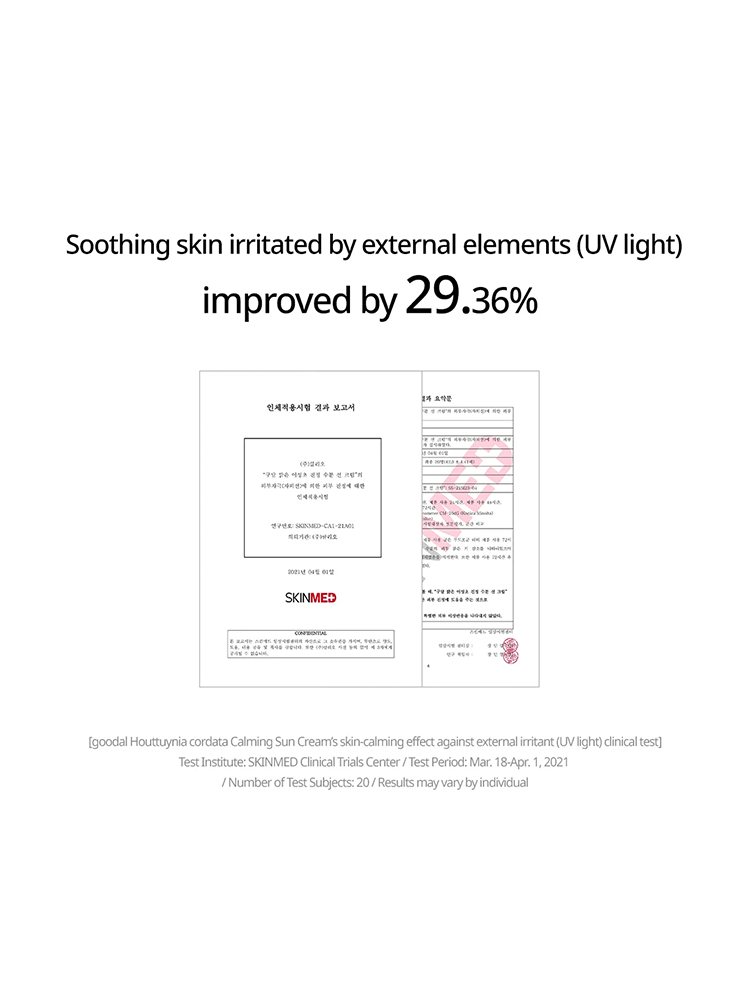 GOODAL Houttuynia Cordata Calming Moisture Sun Cream clinical test results showing 29.36% improvement in soothing irritated skin.