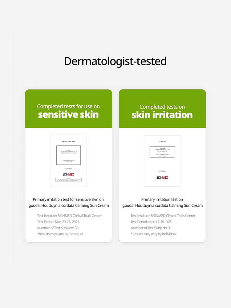 Dermatologist-tested results for GOODAL Houttuynia Cordata Calming Moisture Sun Cream on sensitive skin and skin irritation.