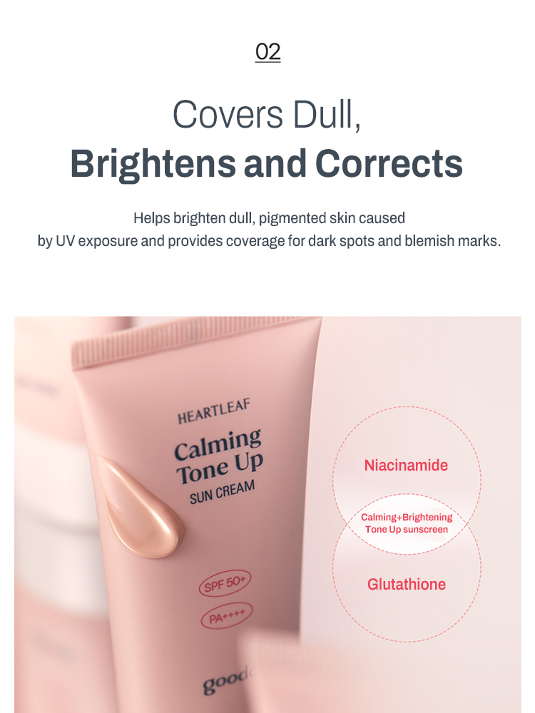 GOODAL Houttuynia Cordata Calming Moisture Tone Up Sun Cream showing brightening and correcting benefits for skin.