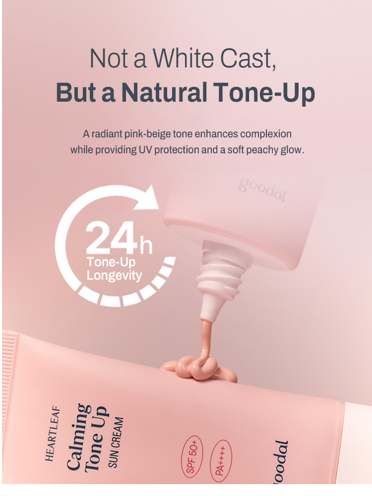GOODAL Houttuynia Cordata Calming Moisture Tone Up Sun Cream with pink-beige tone for UV protection and glow.