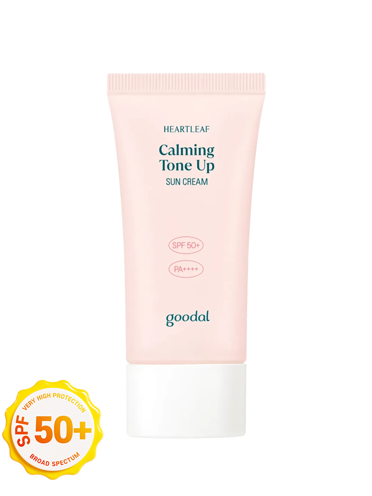 GOODAL Houttuynia Cordata Calming Moisture Tone Up Sun Cream 50ml tube with pink packaging and SPF 50 label