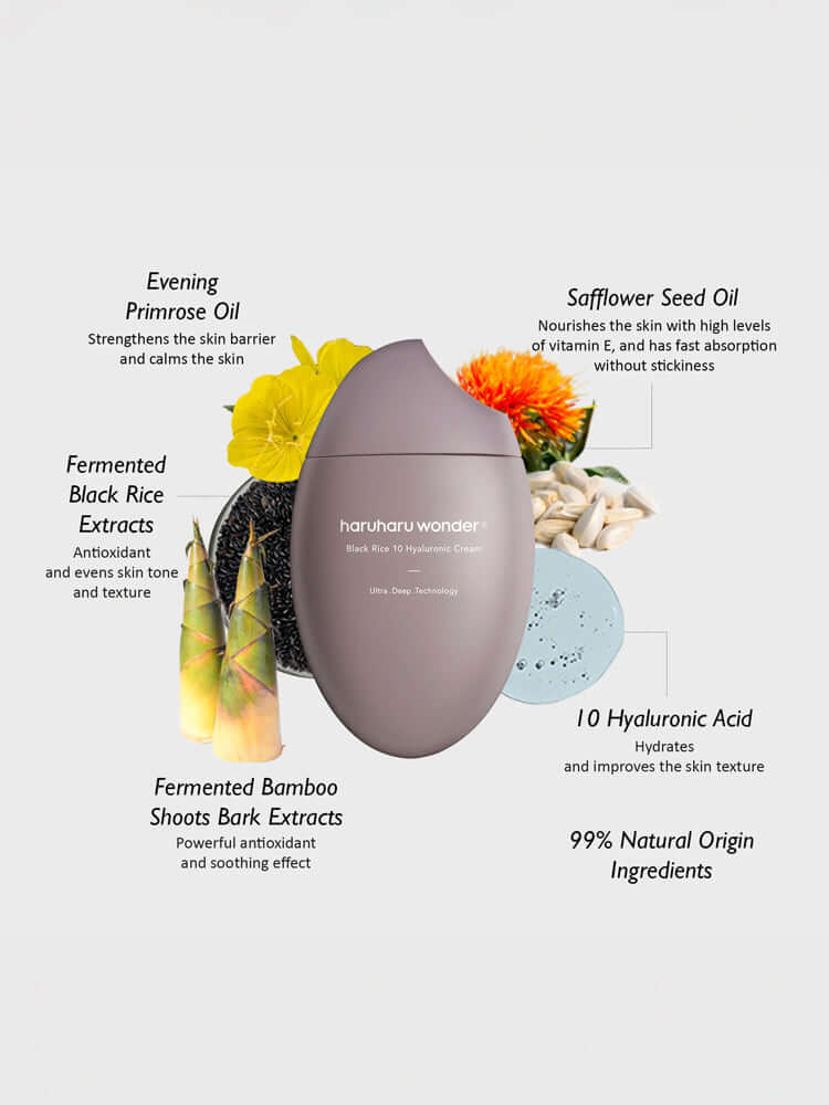 HARUHARU WONDER Black Rice 10 Hyaluronic Cream 50ml with key ingredients and benefits highlighted.