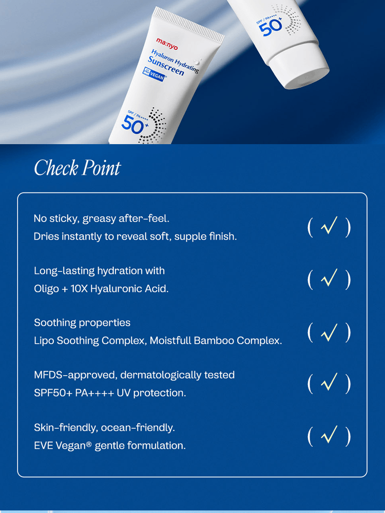 manyo Hyaluron Hydrating Sunscreen packaging with benefits such as SPF50+ PA++++ and hydrating properties.