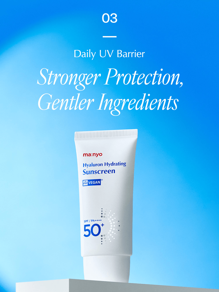 Manyo Hyaluron Hydrating Sunscreen 50ml tube with SPF50+ on a blue background.