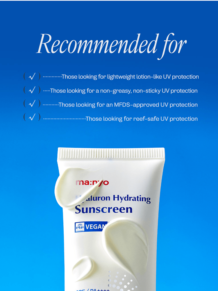 manyo Hyaluron Hydrating Sunscreen on a blue background, showcasing recommendations for lightweight, non-greasy UV protection.