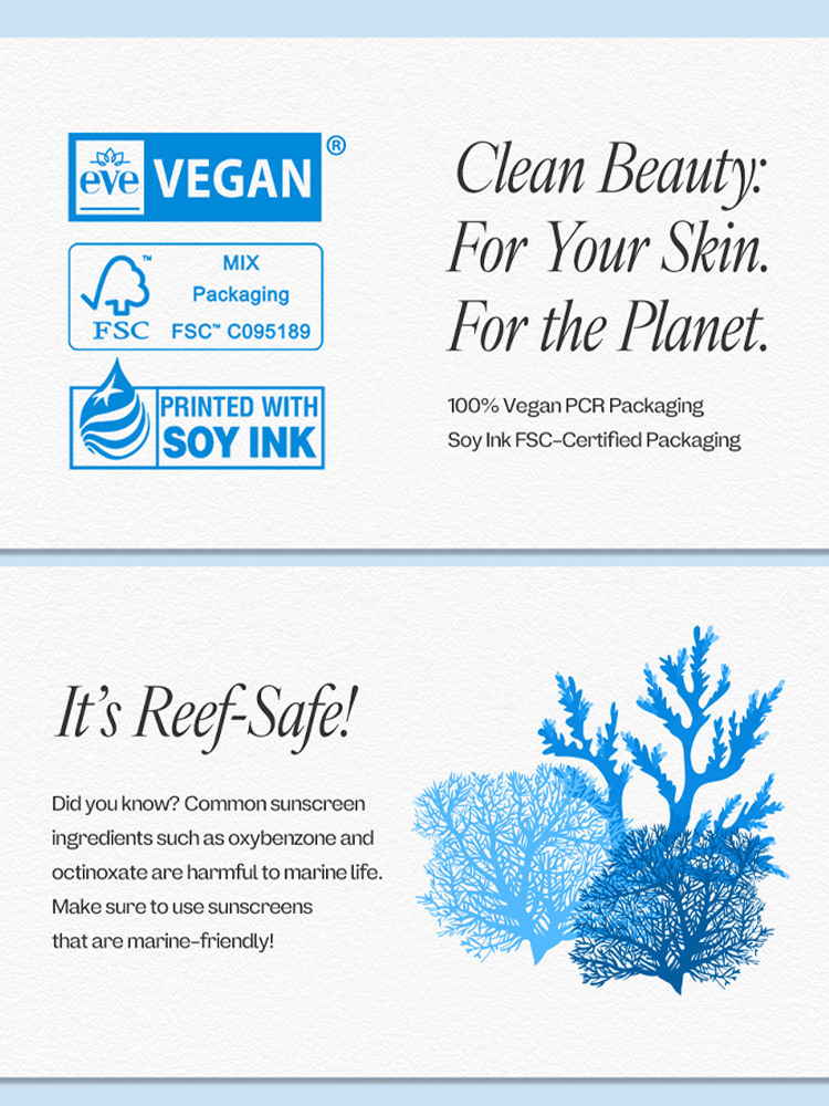 manyo Hyaluron Hydrating Sunscreen Clean beauty and reef-safe sunscreen information with vegan and eco-friendly packaging details.