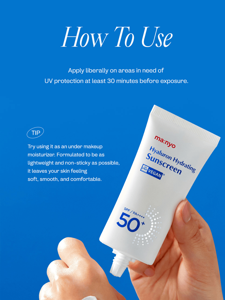 manyo Hyaluron Hydrating Sunscreen usage instructions on a blue background with a hand holding the tube.