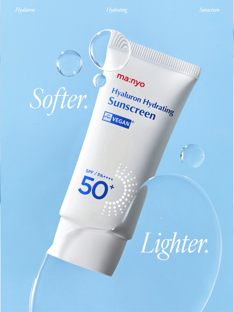 manyo Hyaluron Hydrating Sunscreen 50ml with SPF50+ PA++++ against a blue background.
