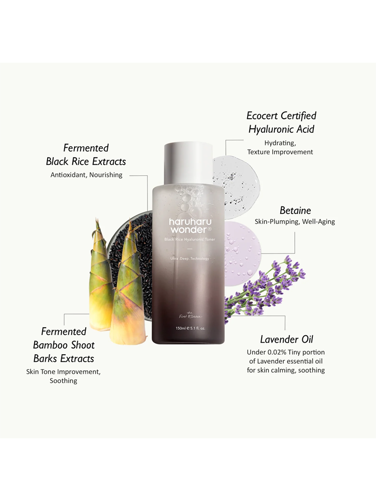 Image showcasing HARUHARU WONDER Black Rice Hyaluronic Toner 150ml with its key ingredients and benefits.