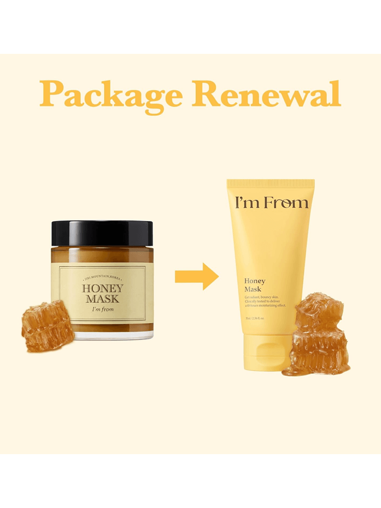 I'm From Honey Mask package renewal showcasing the old and new designs with honeycomb pieces.