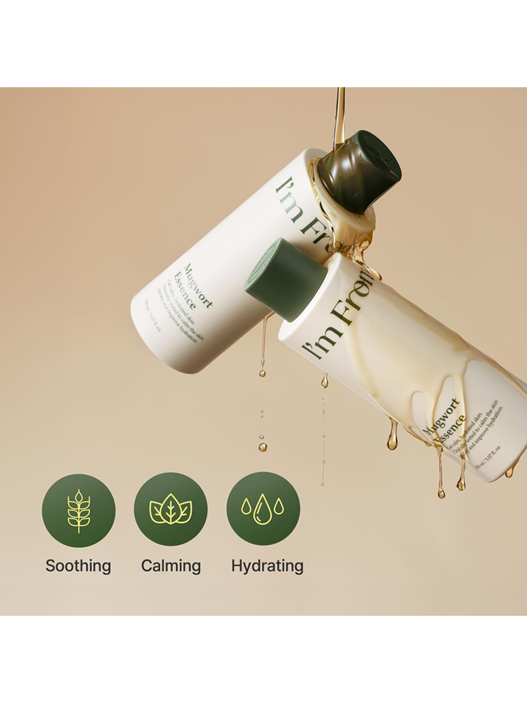 Customer reviews for I'M FROM Mugwort Essence highlighting its soothing effects and comfort for sensitive skin.