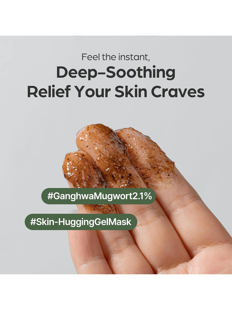 I'M FROM Mugwort Mask on fingers showcasing its soothing, skin-hugging gel texture for calming skin.