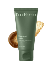 I'M FROM Mugwort Mask with calming properties shown in a green tube and natural ingredients.