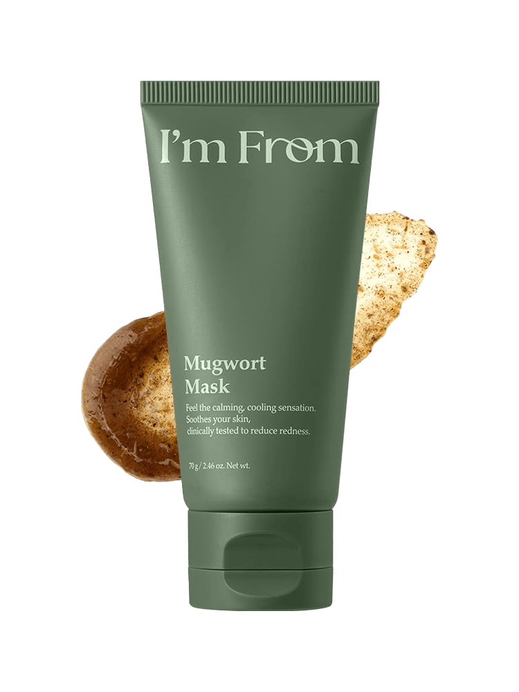 I'M FROM Mugwort Mask with calming properties shown in a green tube and natural ingredients.