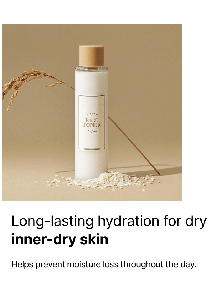 I'M FROM Rice Toner 150ml packaging on a neutral background with rice grains, promoting hydration for dry skin.