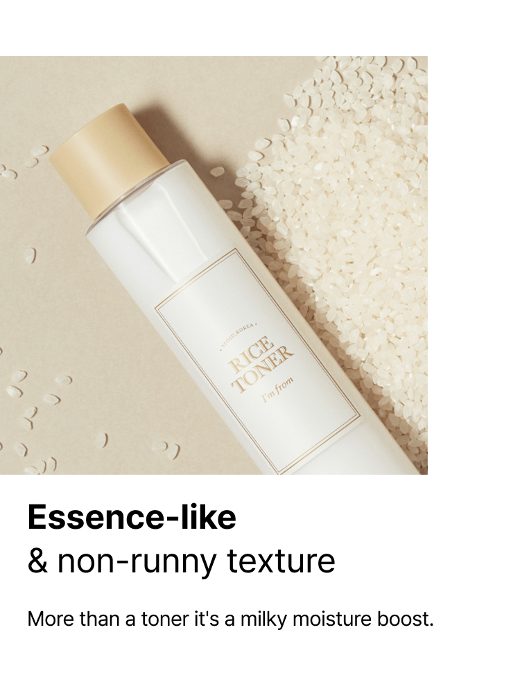 I'M FROM Rice Toner 150ml bottle on rice grains with a description of its essence-like texture.