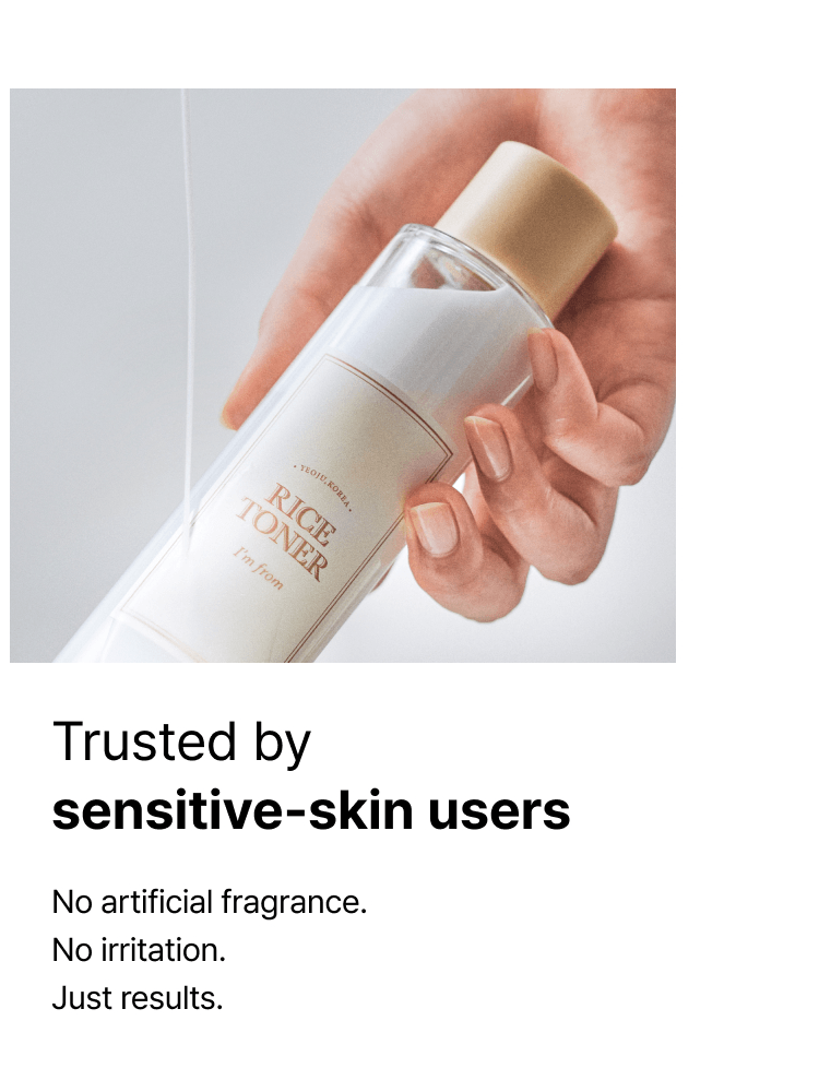 I'M FROM Rice Toner held in hand, showcasing its trusted formula for sensitive skin users.