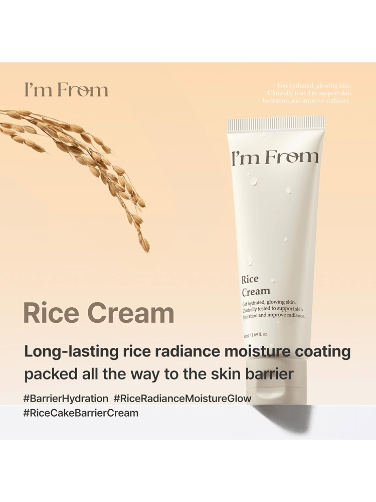 I'M FROM Rice Cream 50g tube with rice grains, highlighting long-lasting moisture for skin barrier protection.