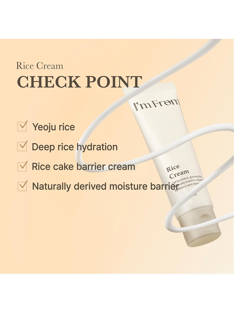 I'M FROM Rice Cream 50g tube with benefits: Yeoju rice, deep hydration, rice cake barrier, and moisture barrier.