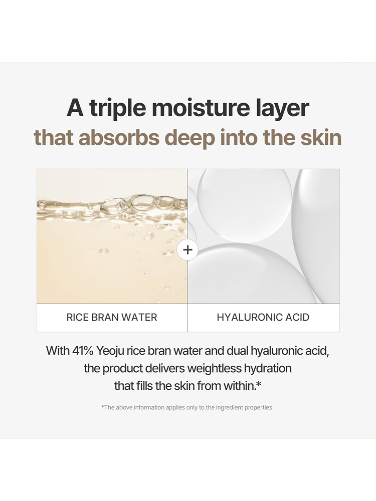 Image showcasing I'M FROM Rice Cream's triple moisture layer with rice bran water and hyaluronic acid.
