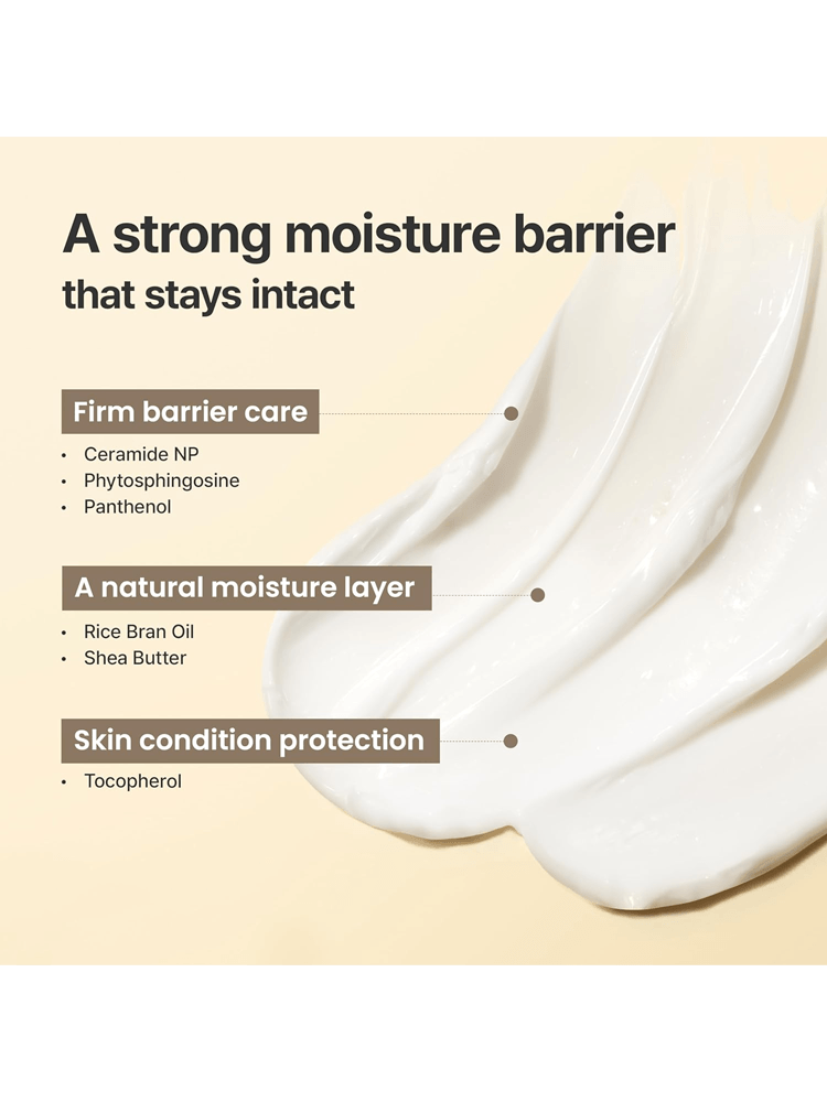 Image showcasing the key features of I'M FROM Rice Cream, highlighting moisture barrier ingredients and skin protection benefits.