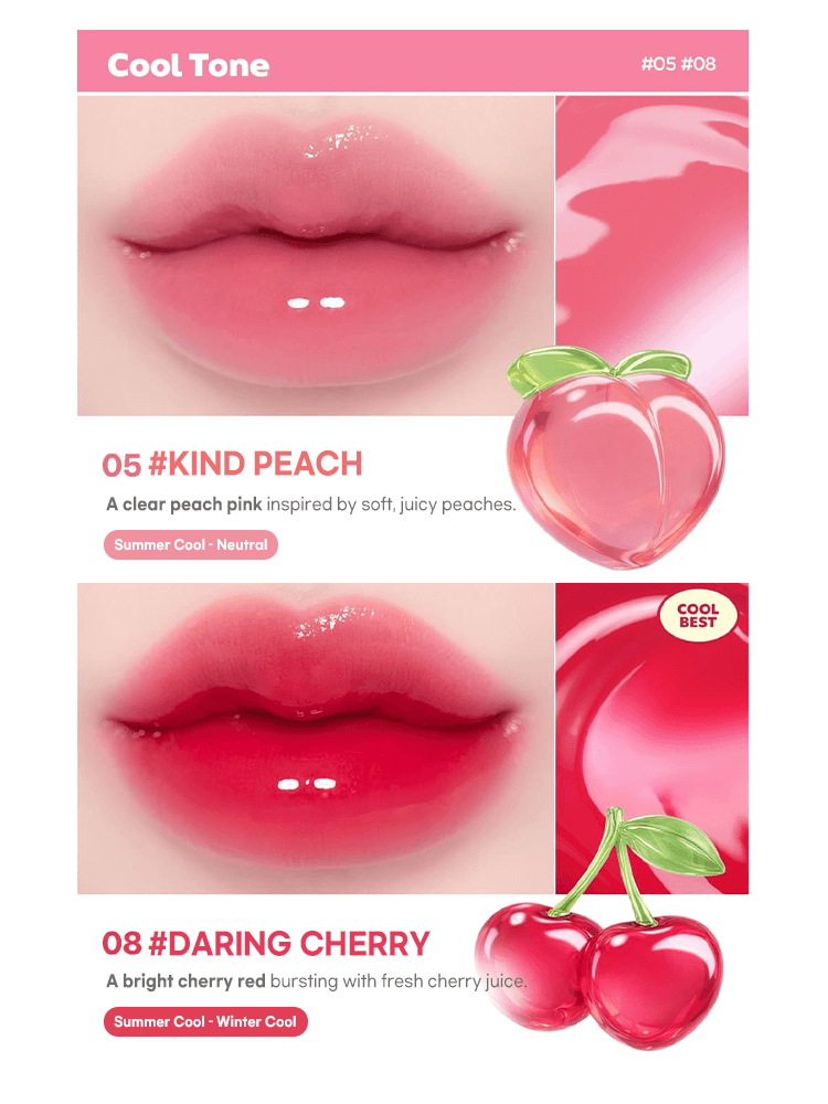 LILYBYRED Bloody Liar Coating Tint 26D on lips showcasing 05 #KIND PEACH and 08 #DARING CHERRY shades.