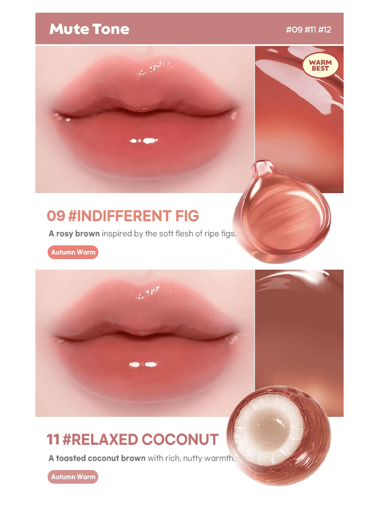 LILYBYRED Bloody Liar Coating Tint 26D swatches for shades 09 #Indifferent Fig and 11 #Relaxed Coconut with glossy lips.