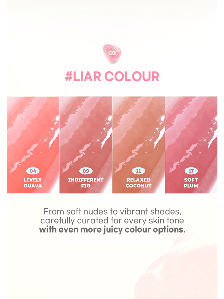 Swatches of LILYBYRED Bloody Liar Coating Tint 26D shades: Lively Guava, Indifferent Fig, Relaxed Coconut, Soft Plum.