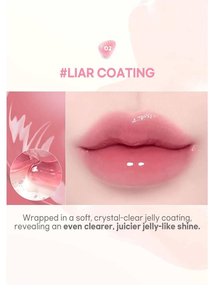 LILYBYRED Bloody Liar Coating Tint 26D showing lips with juicy jelly-like shine and clear coating.