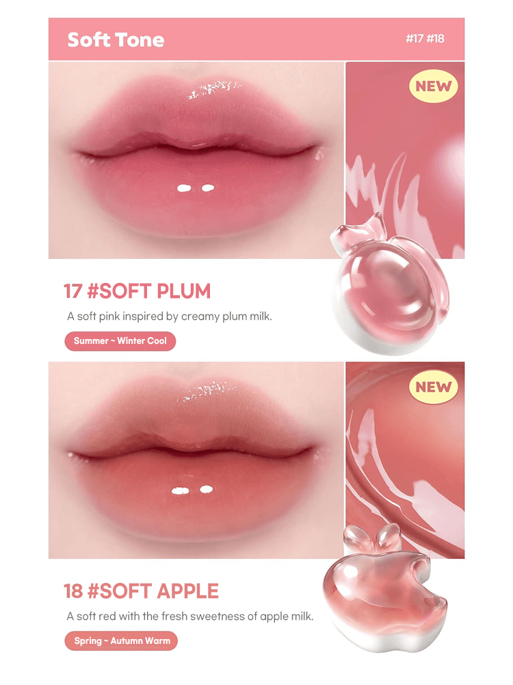 LILYBYRED Bloody Liar Coating Tint 26D lip swatches showcasing #Soft Plum and #Soft Apple shades.