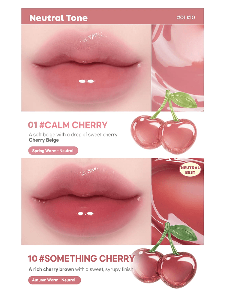 LILYBYRED Bloody Liar Coating Tint 26D shades 01 Calm Cherry and 10 Something Cherry swatches on lip.