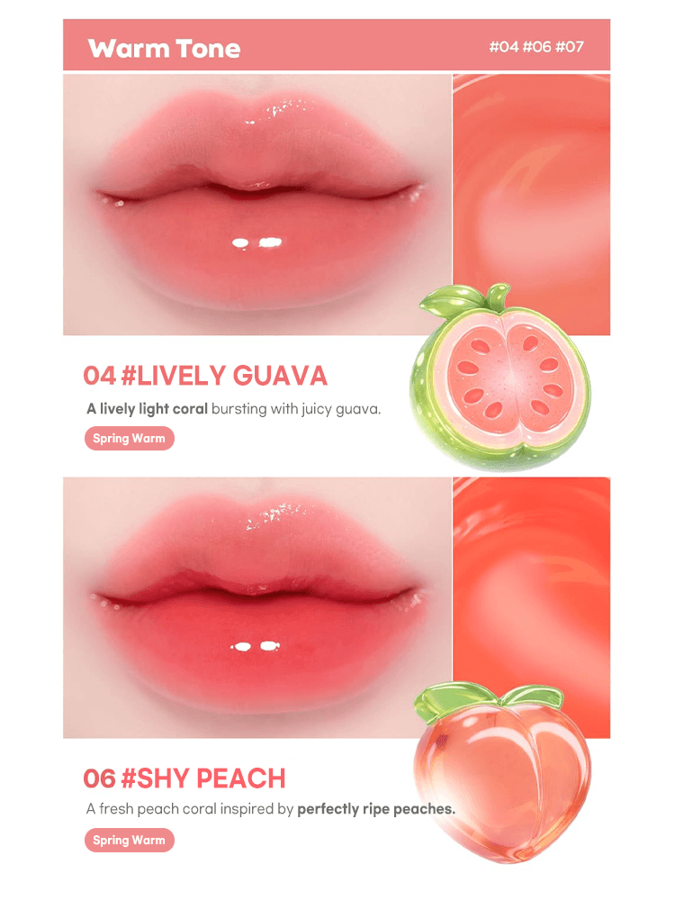 Image showcasing LILYBYRED Bloody Liar Coating Tint 26D shades #04 Lively Guava and #06 Shy Peach with juicy fruit illustrations.