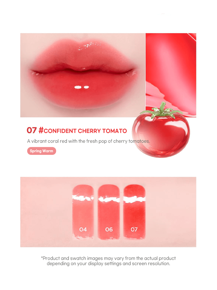 LILYBYRED Bloody Liar Coating Tint 26D swatches with confident cherry tomato shade demonstrating juicy jelly finish.
