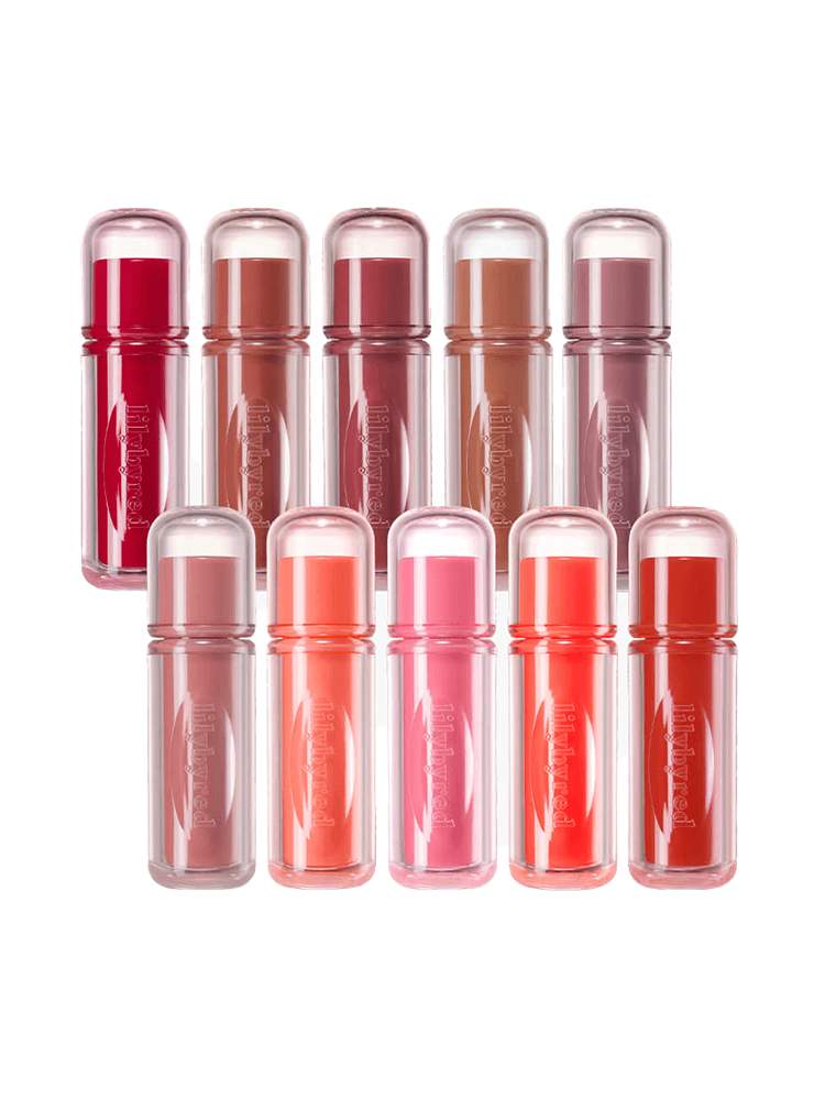 LILYBYRED Bloody Liar Coating Tint 26D lip tint collection in various colors, showcasing a glossy finish.