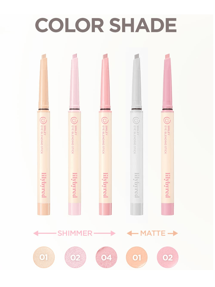 LILYBYRED Smiley Eye Blending Stick Shimmer shades display featuring shimmer and matte options.