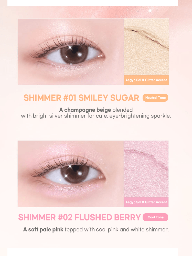 LILYBYRED Smiley Eye Blending Stick Shimmer showcasing shimmer swatches on eyelids in neutral and cool tones.