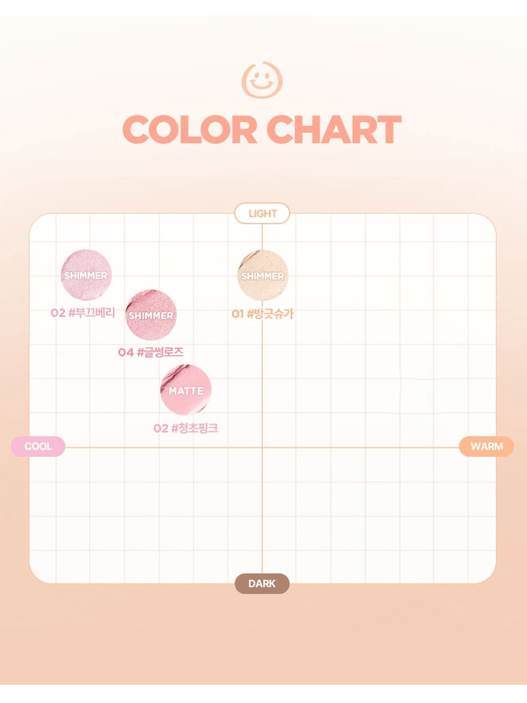 LILYBYRED Smiley Eye Blending Stick Shimmer color chart showcasing various shades in light, cool, and warm tones.