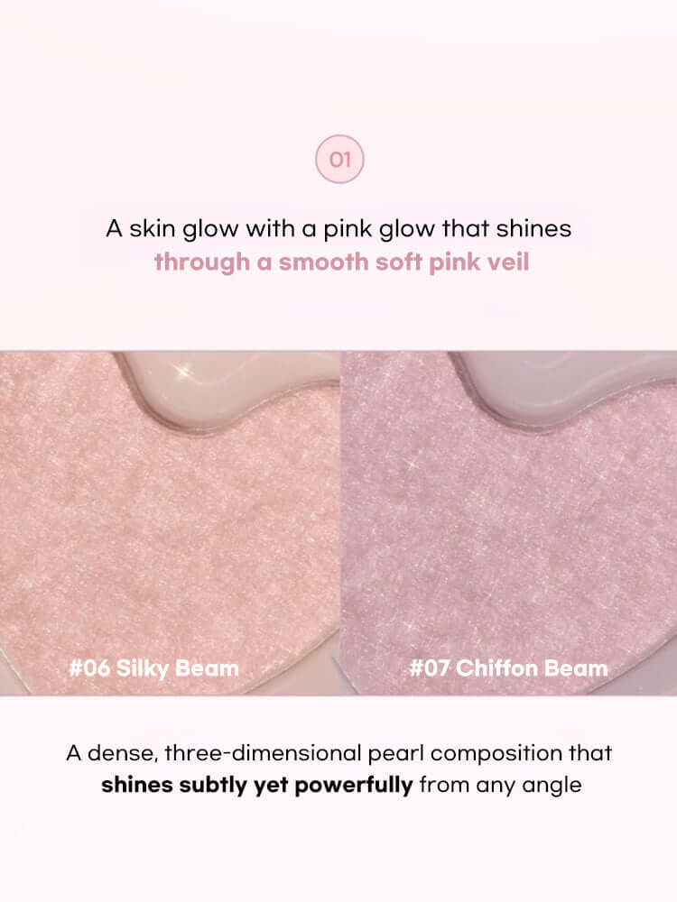 LILYBYRED [Pink Closet Edition] Luv Beam Glow Veil showcasing #06 Silky Beam and #07 Chiffon Beam for radiant skin glow.