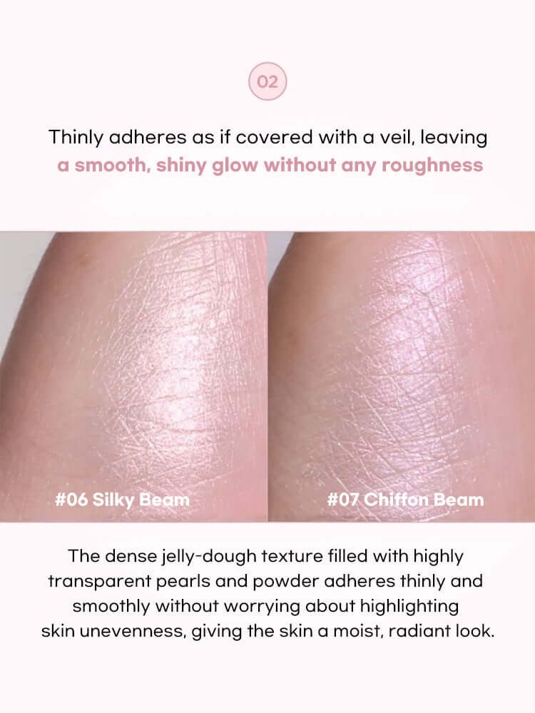 LILYBYRED [Pink Closet Edition] Luv Beam Glow Veil swatches of #06 Silky Beam and #07 Chiffon Beam showing smooth, radiant finish.
