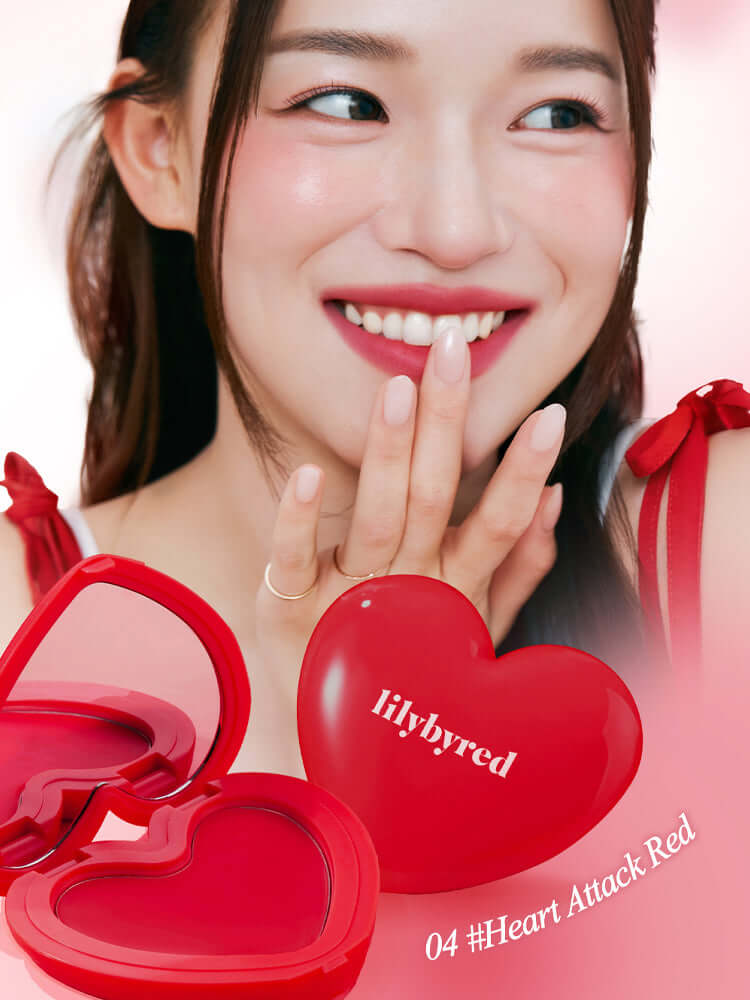 LILYBYRED Luv Beam Cheek Balm 3.5g packaging and model showcasing a radiant smile with soft blush effects.