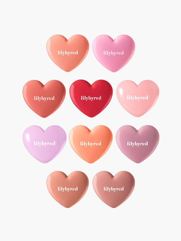 LILYBYRED Luv Beam Cheek Balm shades in heart-shaped containers showing various soft colors for a dewy glow.